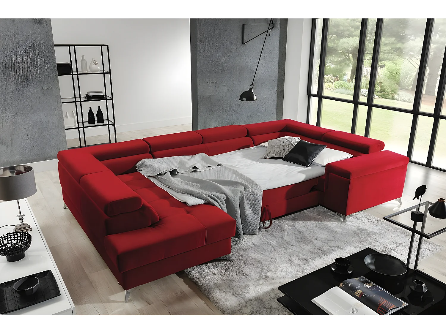 Canapé panoramique convertible tissu gris clair avec coffre de rangement Triano 342cm-Coffre de rangement à gauche