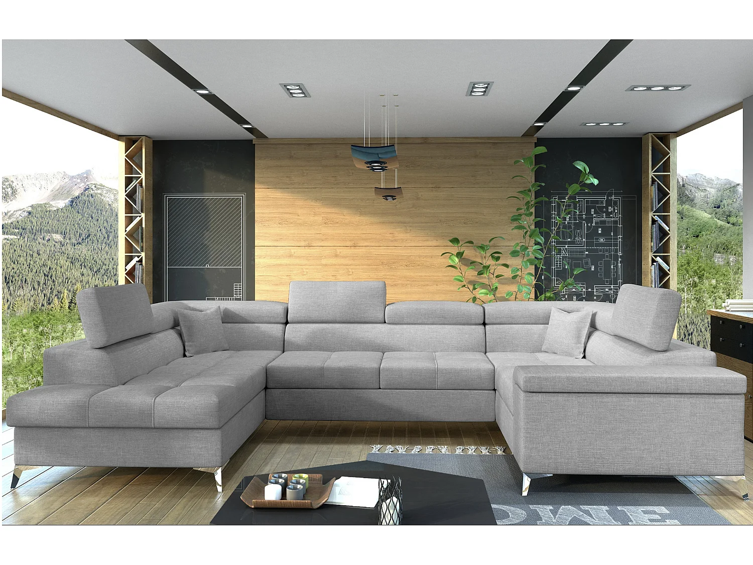 Canapé panoramique convertible tissu gris clair avec coffre de rangement Triano 342cm-Coffre de rangement à gauche