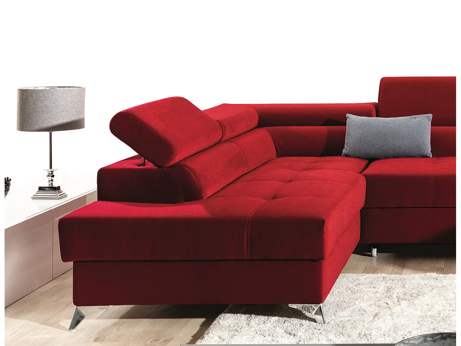 Canapé panoramique convertible tissu gris clair avec coffre de rangement Triano 342cm-Coffre de rangement à gauche