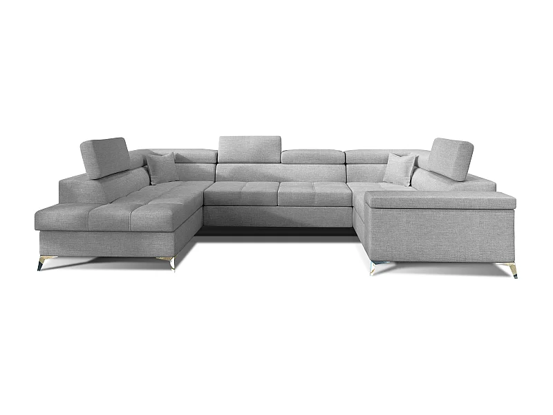 Canapé panoramique convertible tissu gris clair avec coffre de rangement Triano 342cm-Coffre de rangement à gauche
