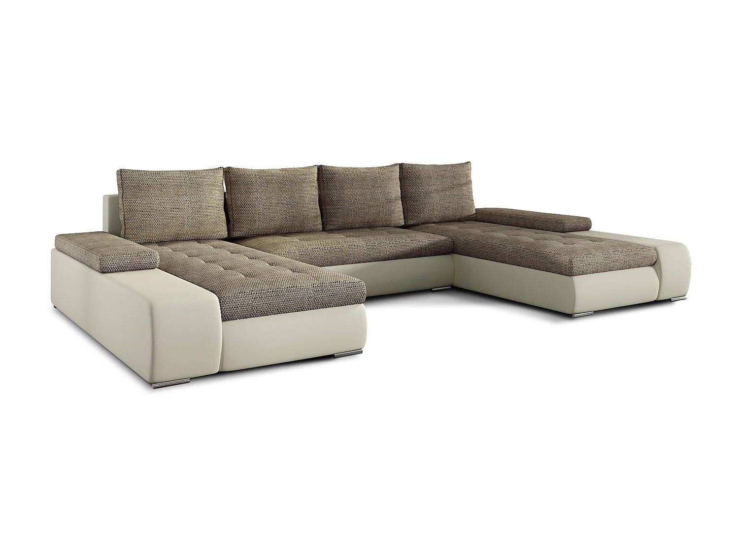 Grand canapé convertible panoramique design tissu beige chiné et simili cuir beige avec coffre de rangement Tino 363cm