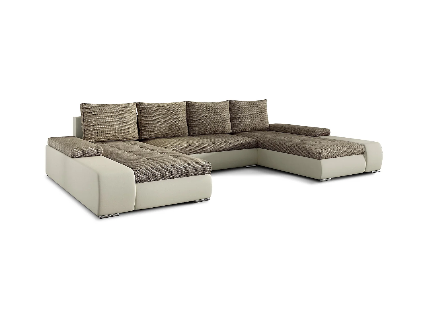 Grand canapé convertible panoramique design tissu beige chiné et simili cuir beige avec coffre de rangement Tino 363cm