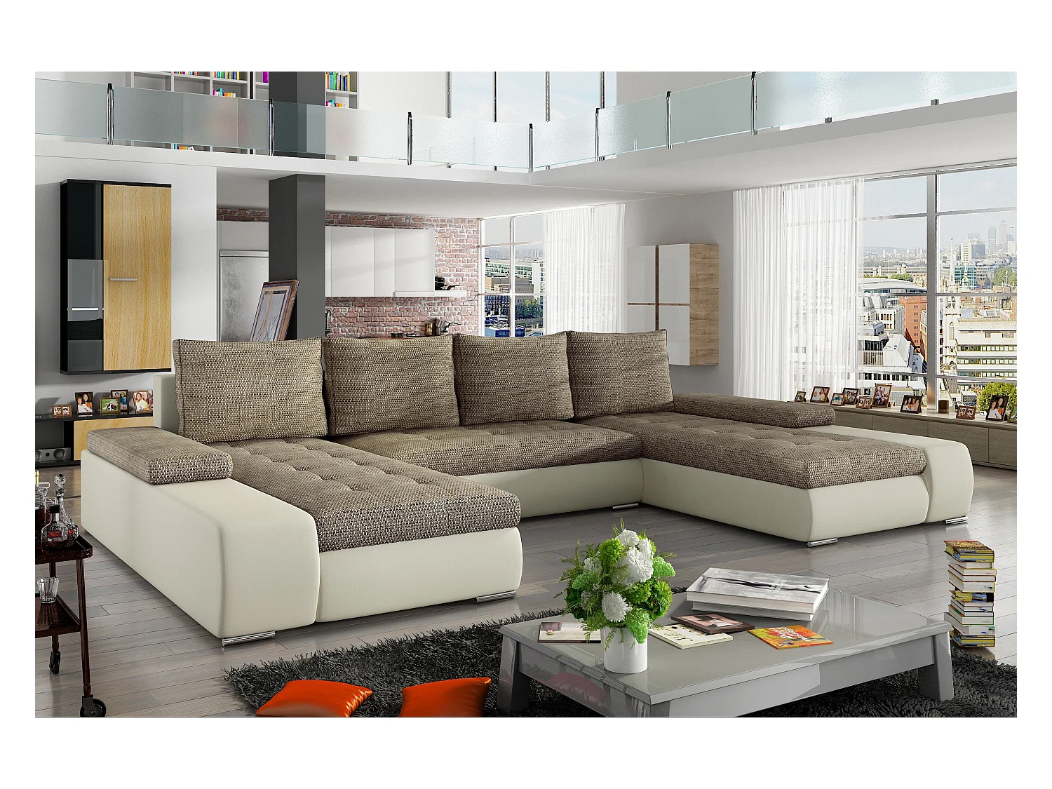 Grand canapé convertible panoramique design tissu beige chiné et simili cuir beige avec coffre de rangement Tino 363cm