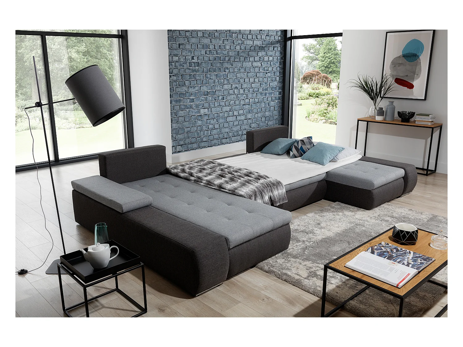 Grand canapé convertible panoramique design tissu beige chiné et simili cuir beige avec coffre de rangement Tino 363cm