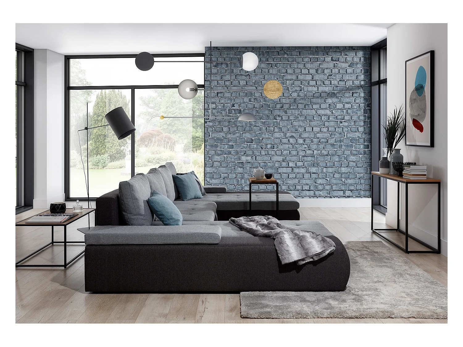 Grand canapé convertible panoramique design tissu beige chiné et simili cuir beige avec coffre de rangement Tino 363cm