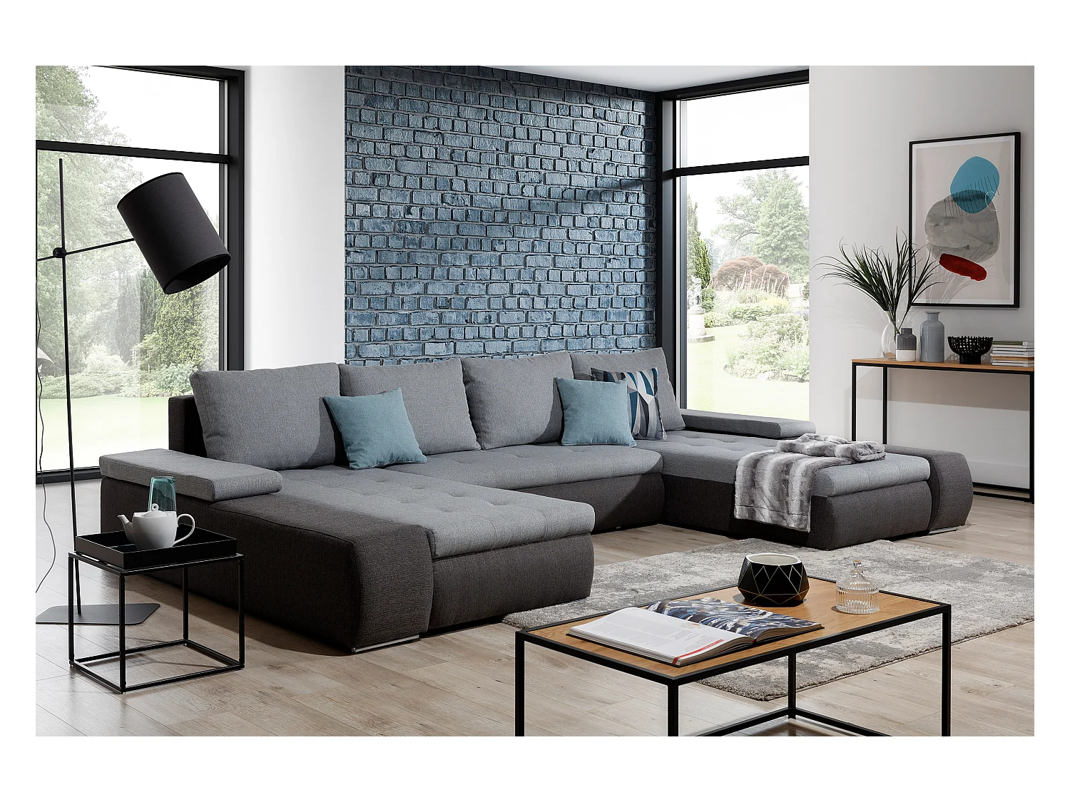 Grand canapé convertible panoramique design tissu beige chiné et simili cuir beige avec coffre de rangement Tino 363cm
