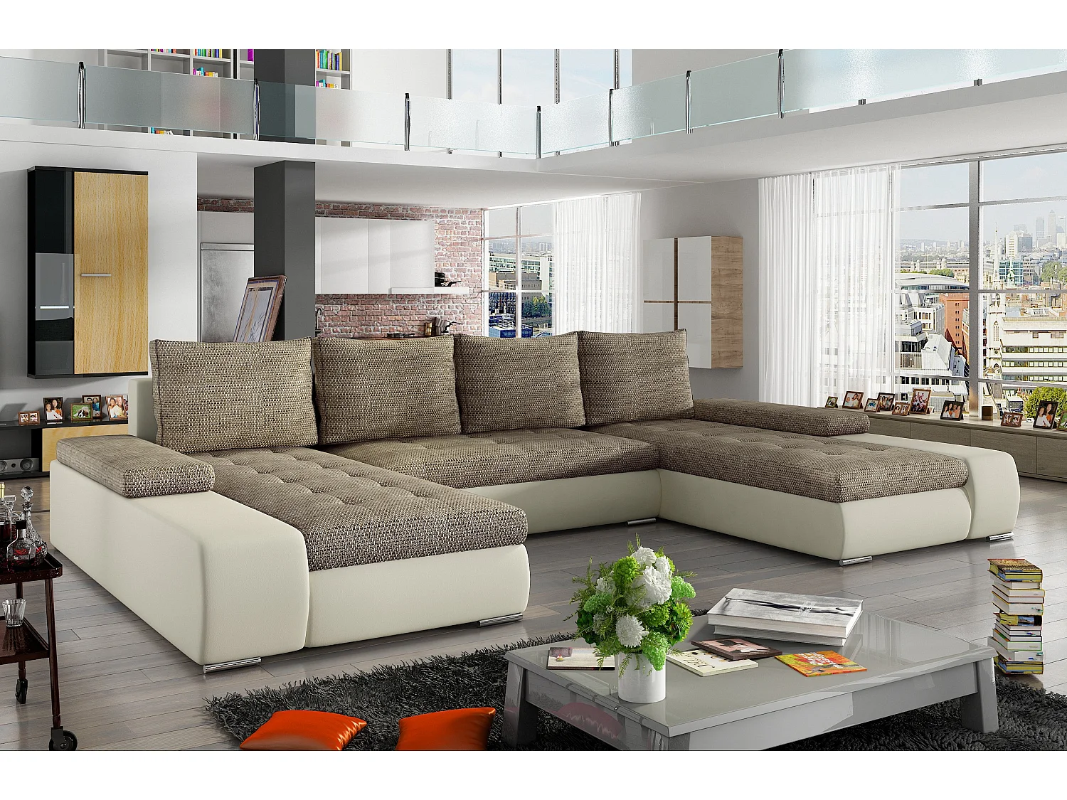 Grand canapé convertible panoramique design tissu beige chiné et simili cuir beige avec coffre de rangement Tino 363cm