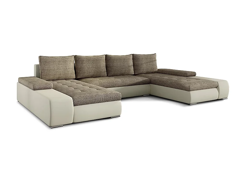 Grand canapé convertible panoramique design tissu beige chiné et simili cuir beige avec coffre de rangement Tino 363cm