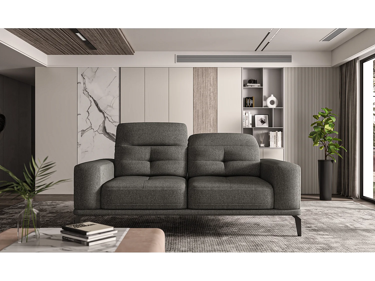 Designer rechte bank 2/3 zits donkergrijs gemêleerde stof Torpille 195 cm