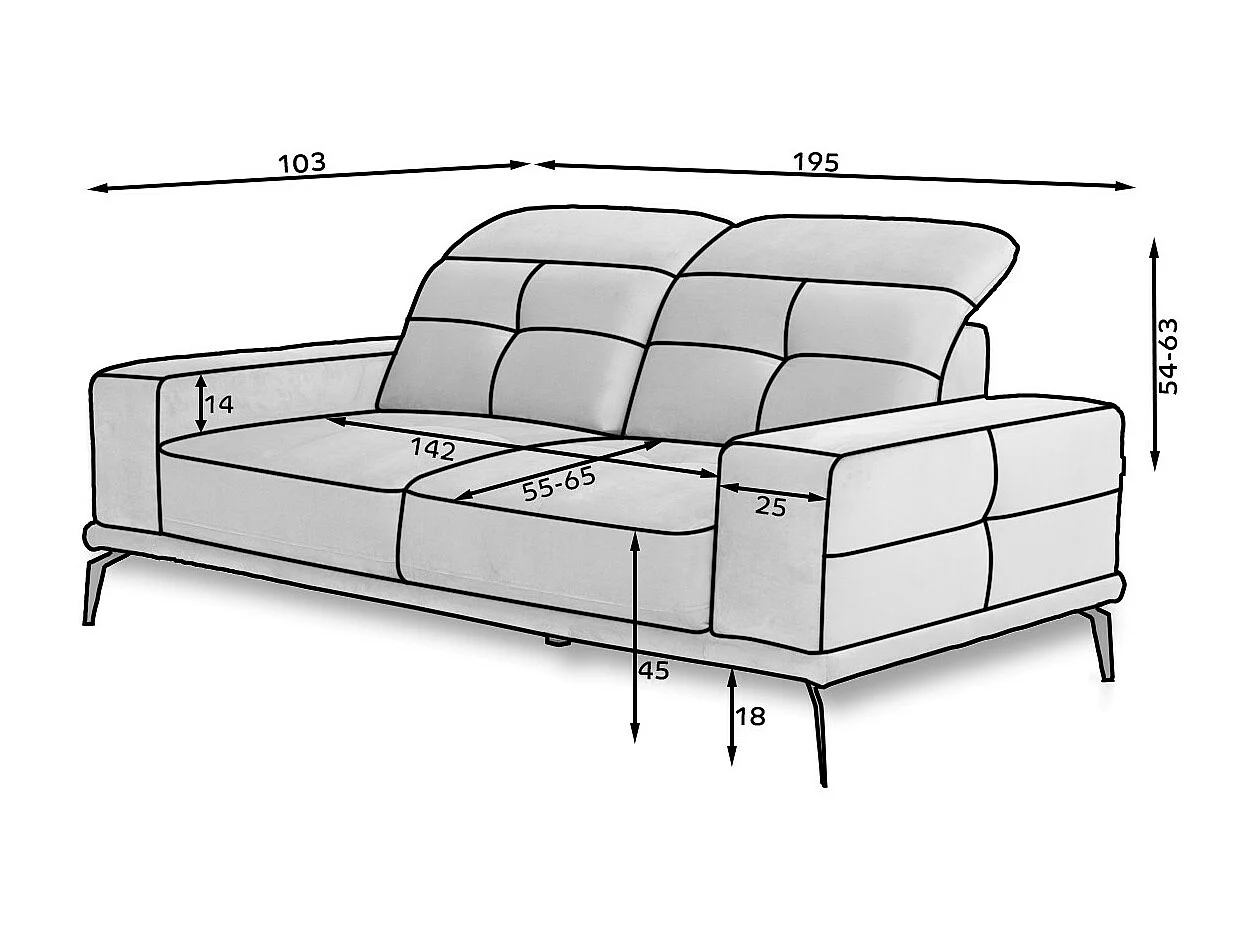 Designer rechte bank 2/3 zits donkergrijs gemêleerde stof Torpille 195 cm