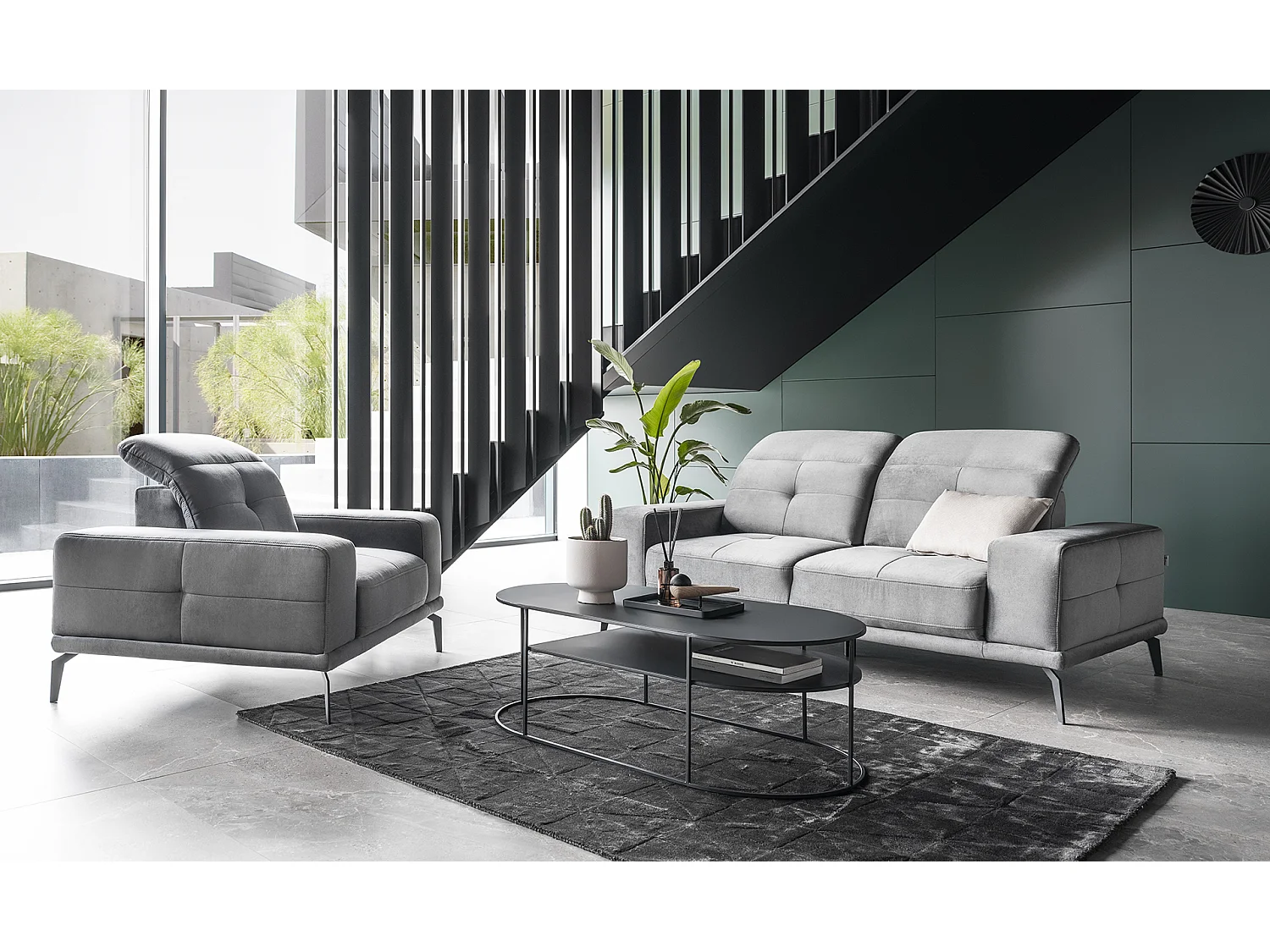 Designer rechte bank 2/3 zits donkergrijs gemêleerde stof Torpille 195 cm