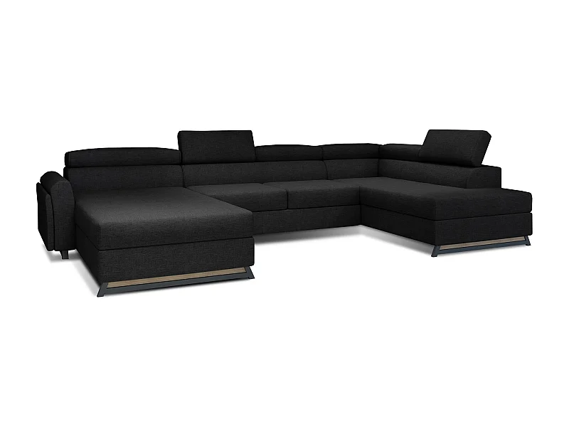 Grand canapé panoramique convertible tissu noir avec coffre Konba 370cm-Coffre de rangement à droite