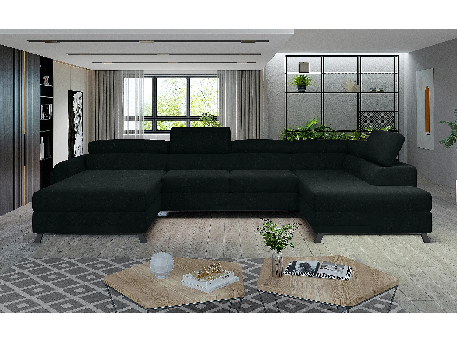 Grand canapé panoramique convertible tissu noir avec coffre Konba 370cm-Coffre de rangement à droite