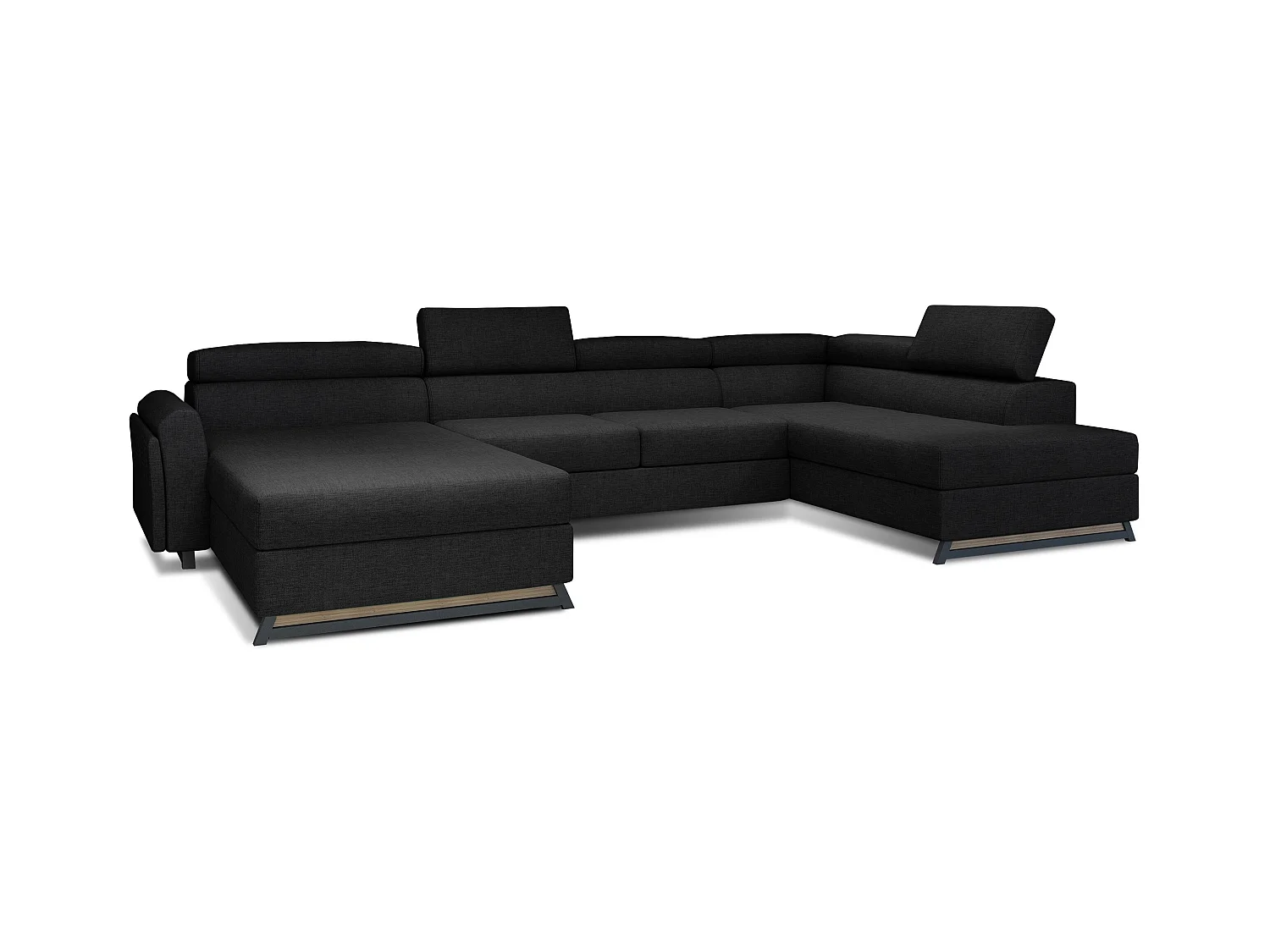 Grand canapé panoramique convertible tissu noir avec coffre Konba 370cm-Coffre de rangement à droite