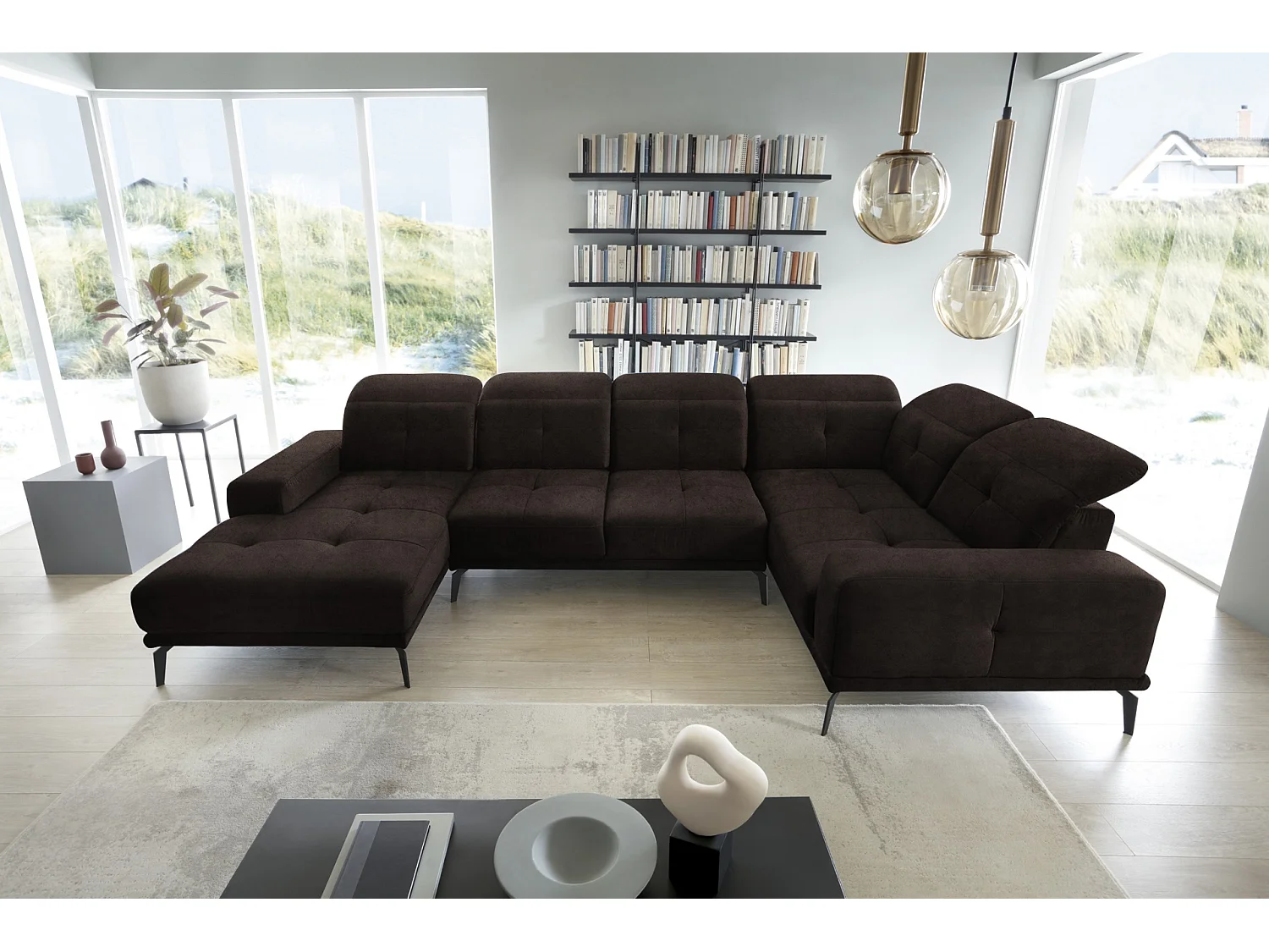 Chocoladebruin fluwelen design panoramische bank haakse hoofdsteunen met armleuning Stan 350 cm