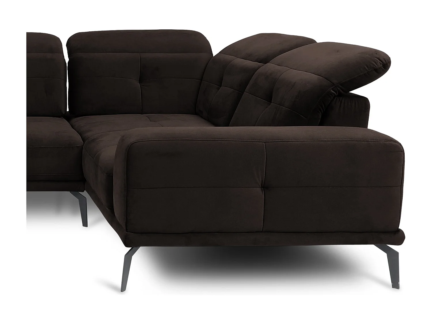 Canapé panoramique design velours marron chocolat têtières angle droit avec accoudoir Stan 350cm
