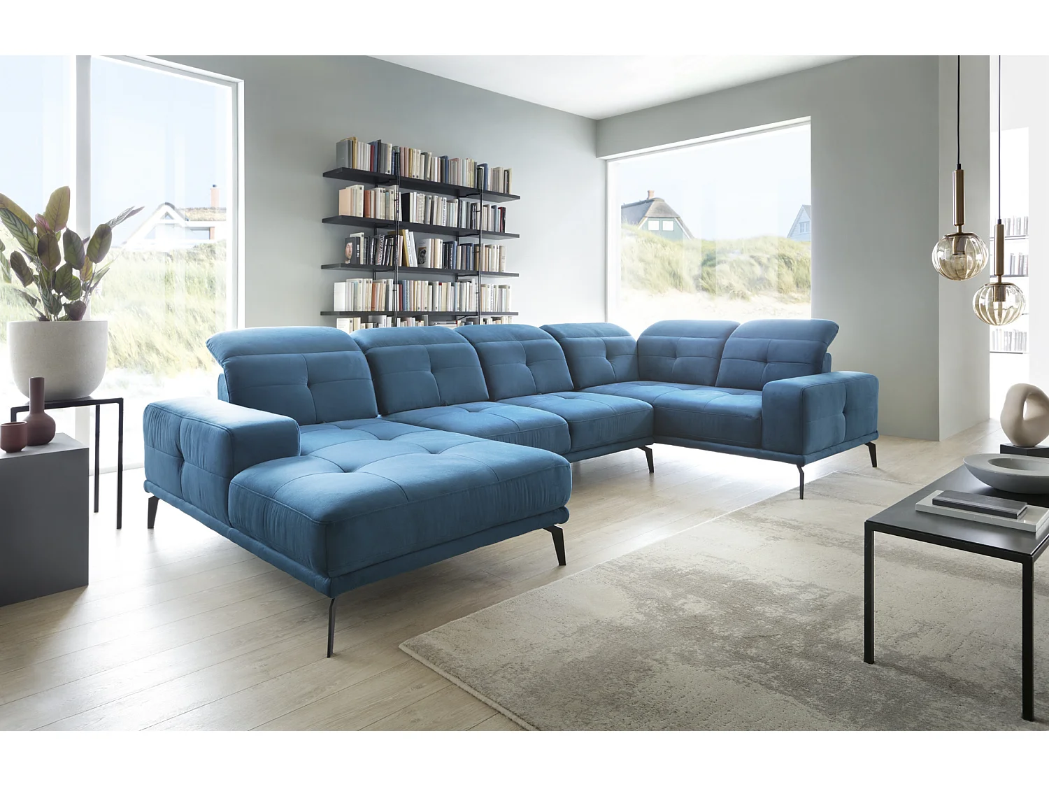 Canapé panoramique design velours marron chocolat têtières angle droit avec accoudoir Stan 350cm