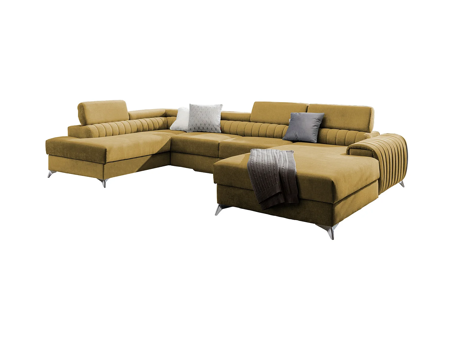 Canapé d'angle U tissu jaune coffre de rangement à gauche Kalante 347cm