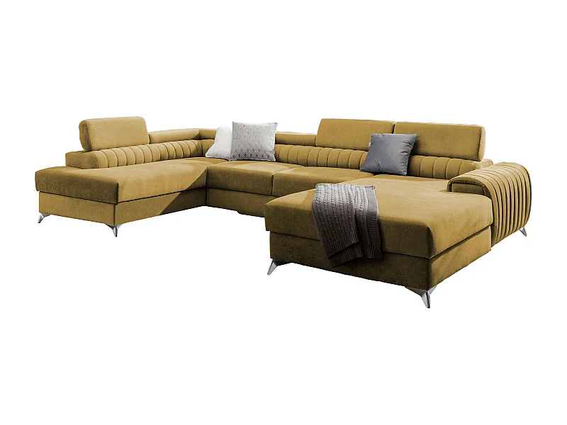 Canapé d'angle U tissu jaune coffre de rangement à gauche Kalante 347cm