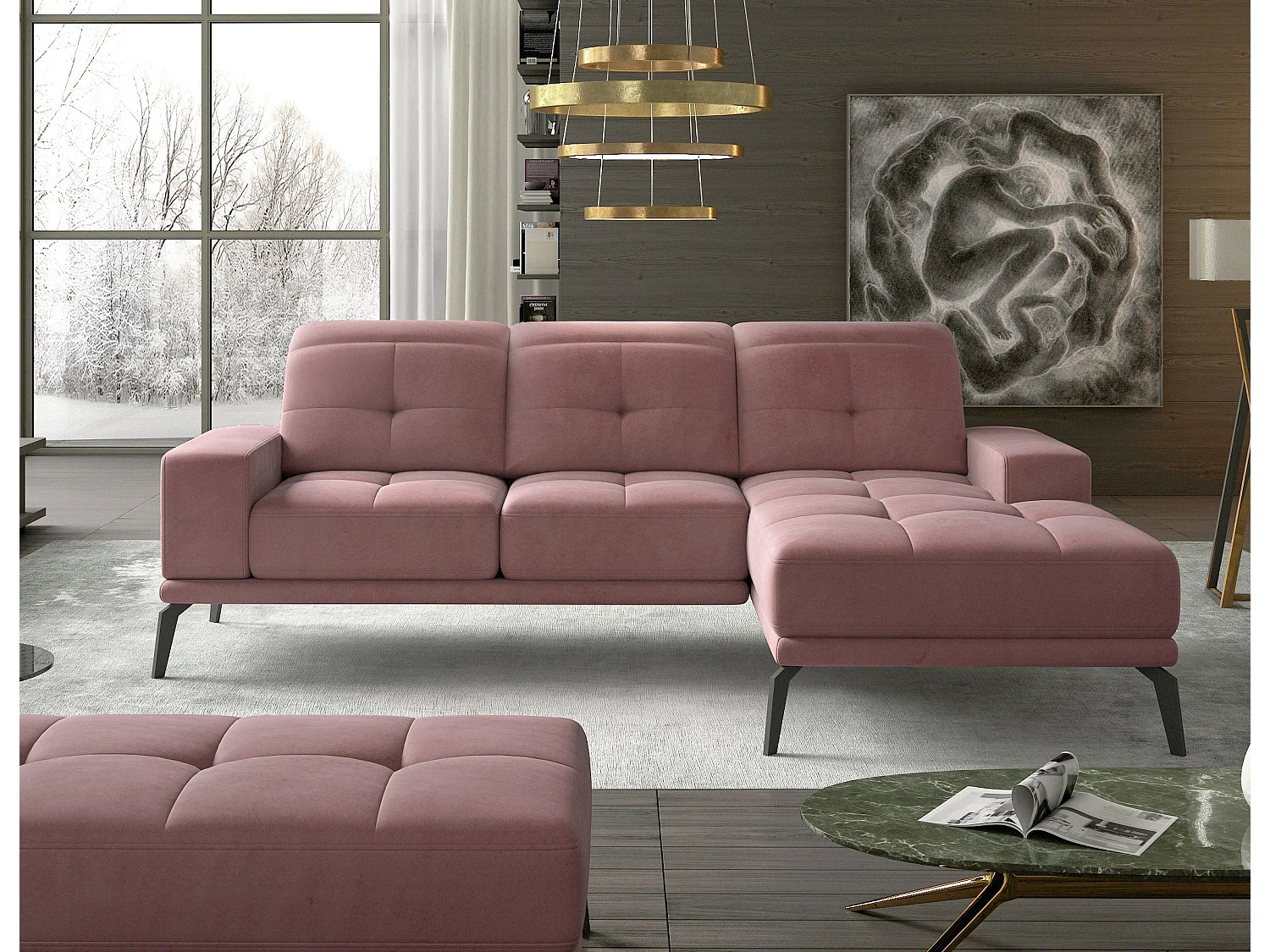 Torpille 5-zits roze fluwelen hoekbank rechts 265 cm