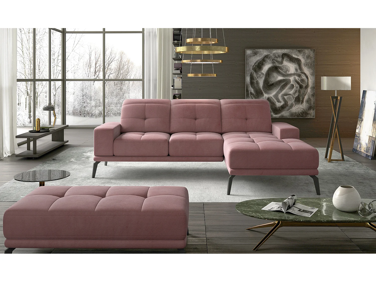 Torpille 5-zits roze fluwelen hoekbank rechts 265 cm