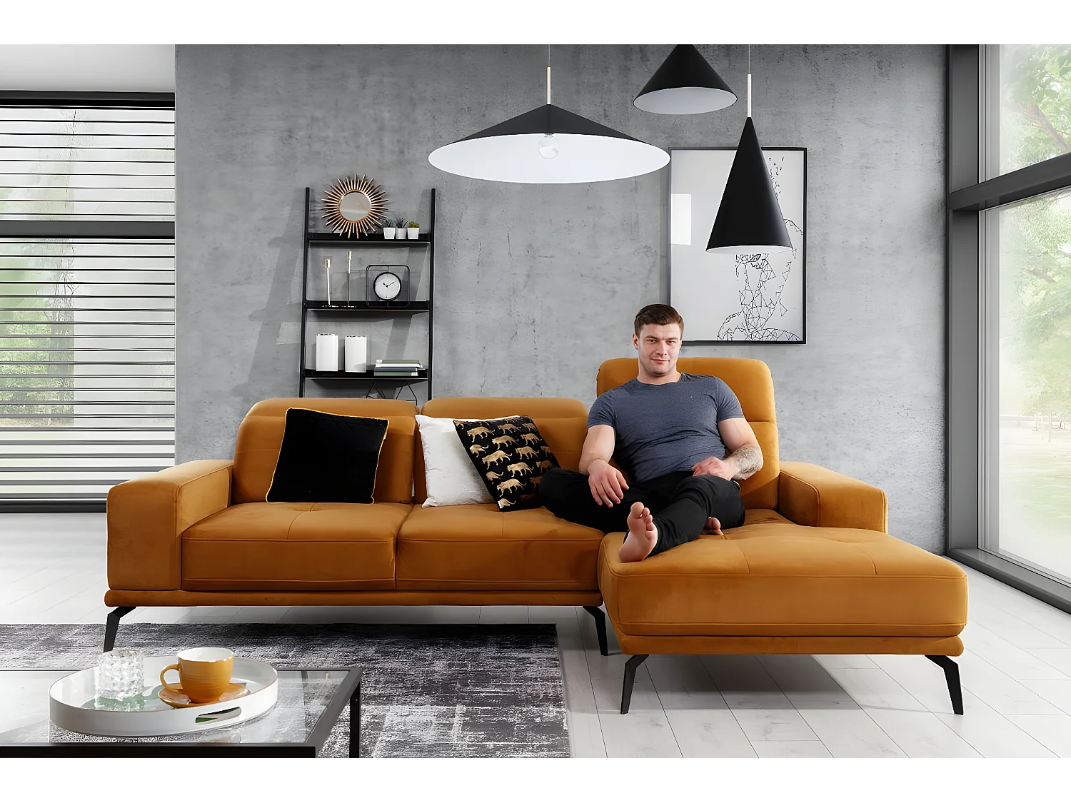 Canapé d'angle droit 5 places velours rose Torpille 265cm