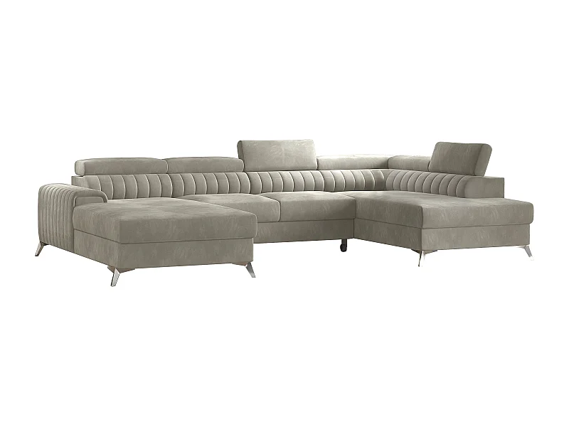 Canapé d'angle U velours beige coffre de rangement à droite Kalante 347cm