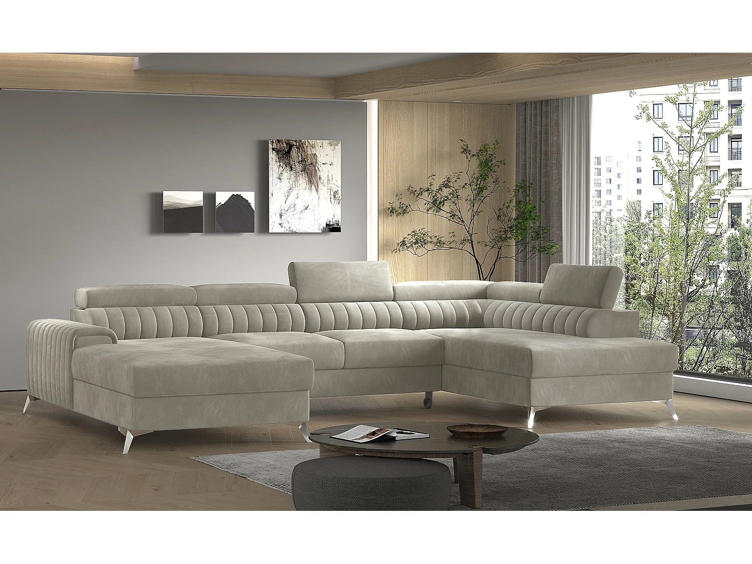 Canapé d'angle U velours beige coffre de rangement à droite Kalante 347cm