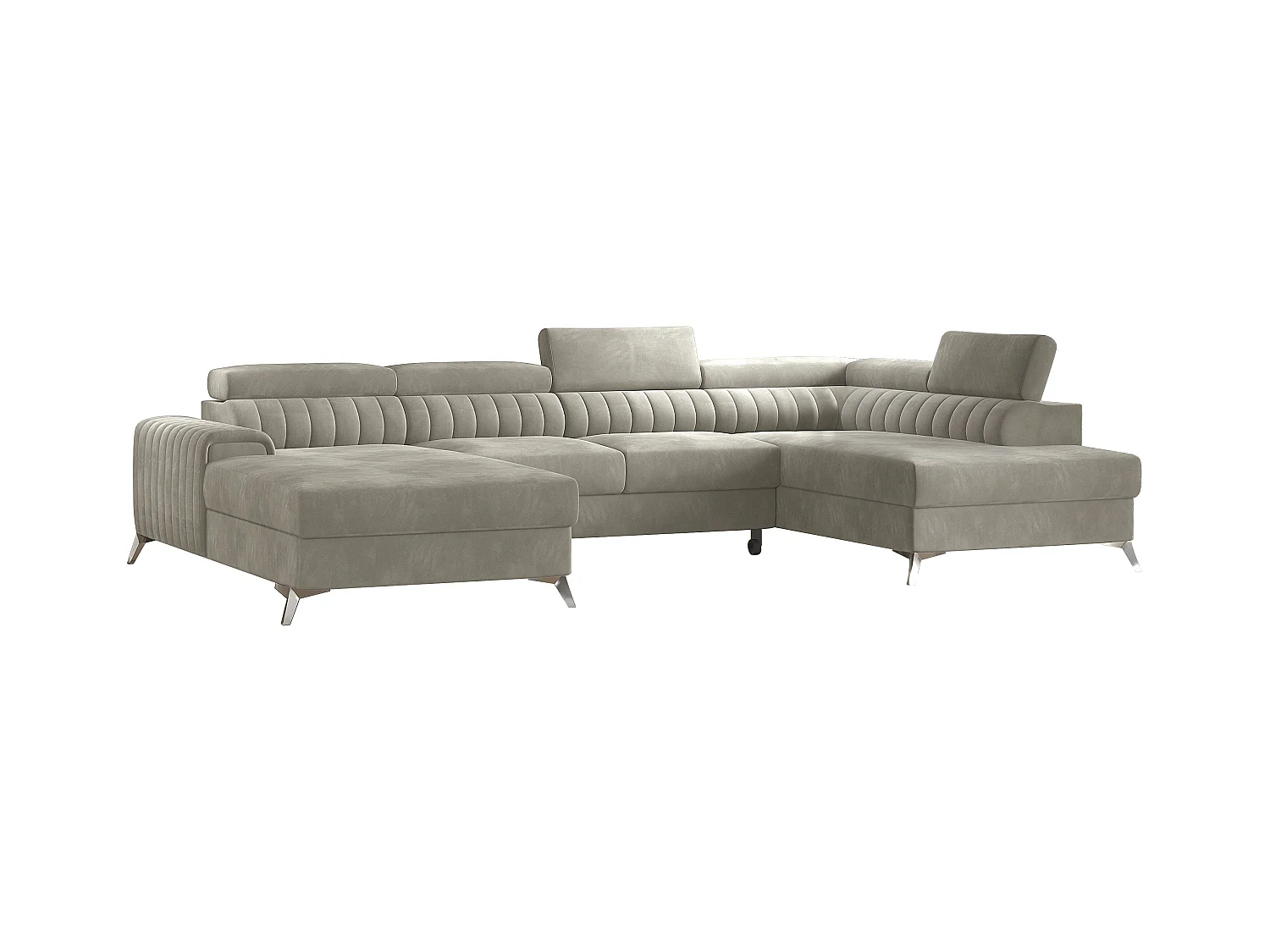 Canapé d'angle U velours beige coffre de rangement à droite Kalante 347cm