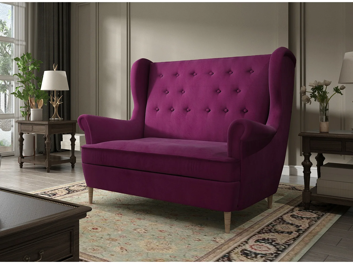 Canapé 2 places velours bordeaux capitonné Lizzi 150cm