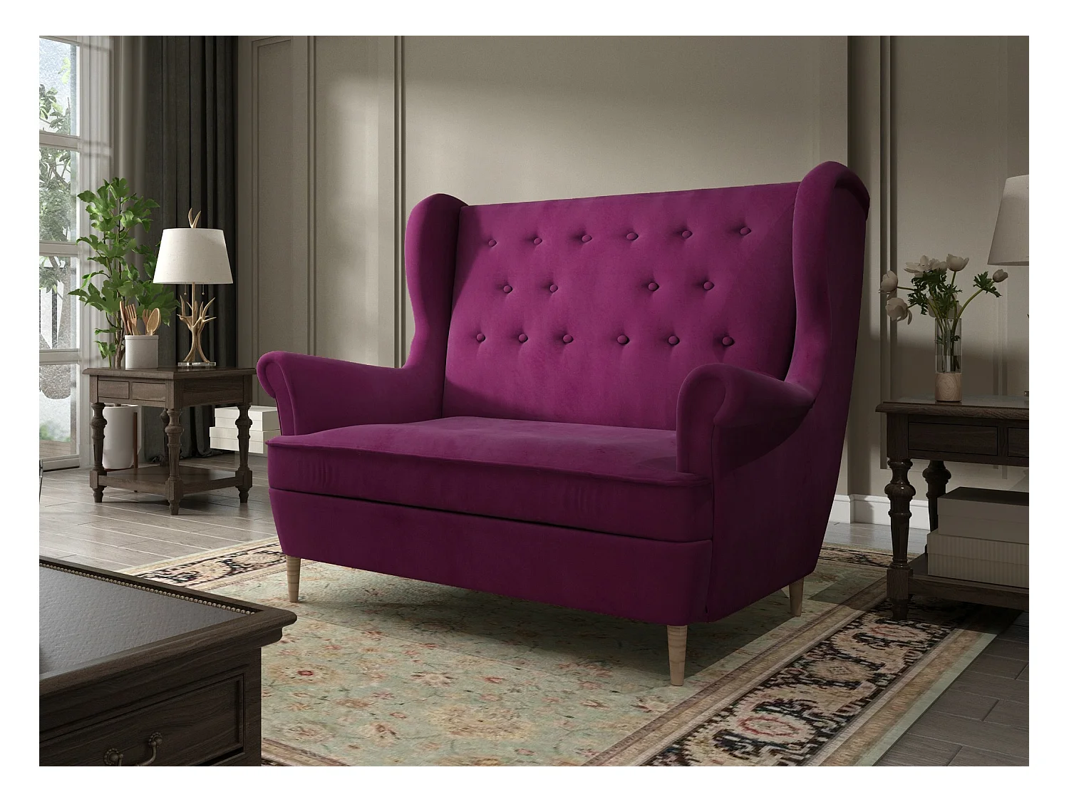 Canapé 2 places velours bordeaux capitonné Lizzi 150cm