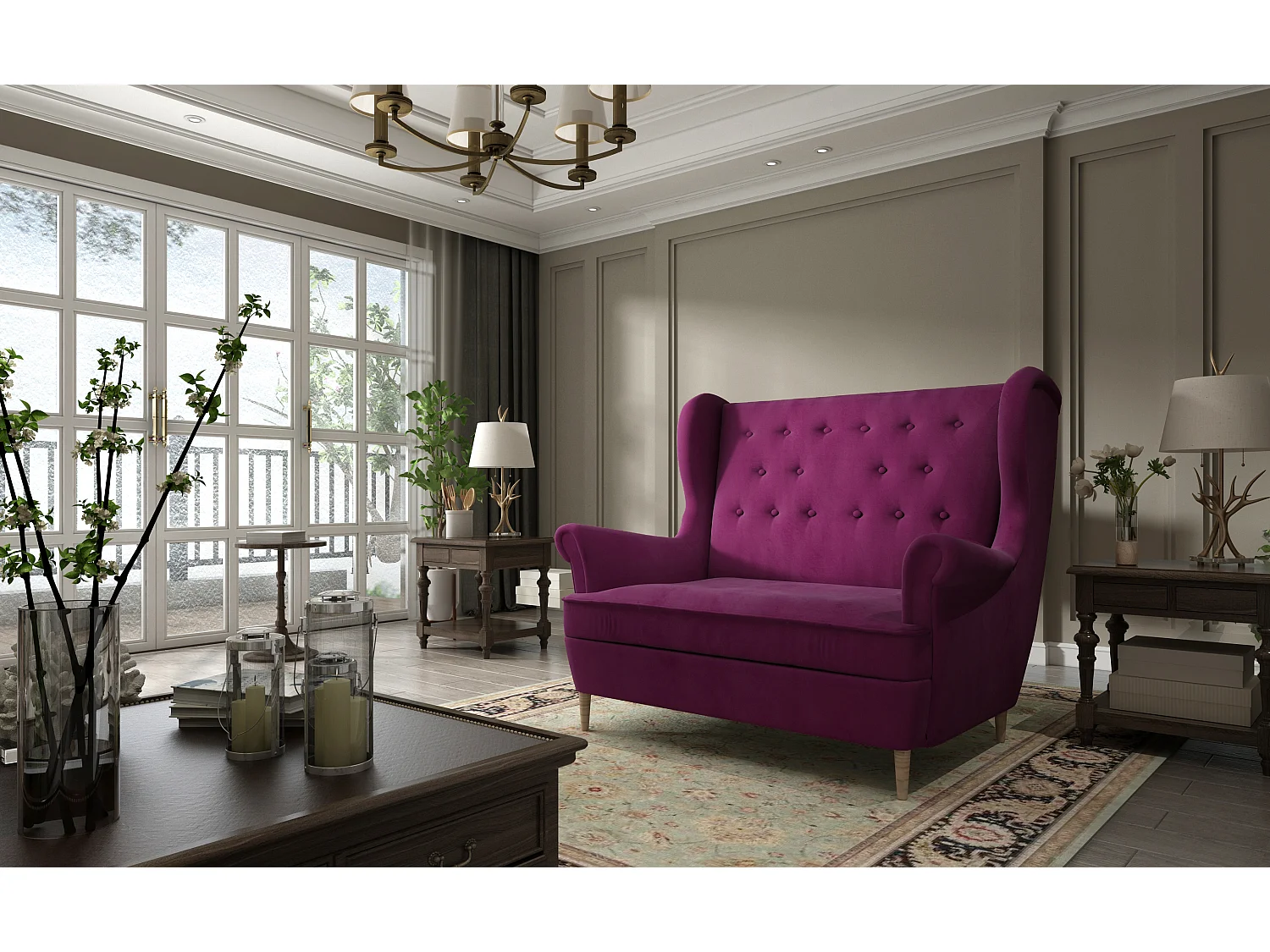 Canapé 2 places velours bordeaux capitonné Lizzi 150cm