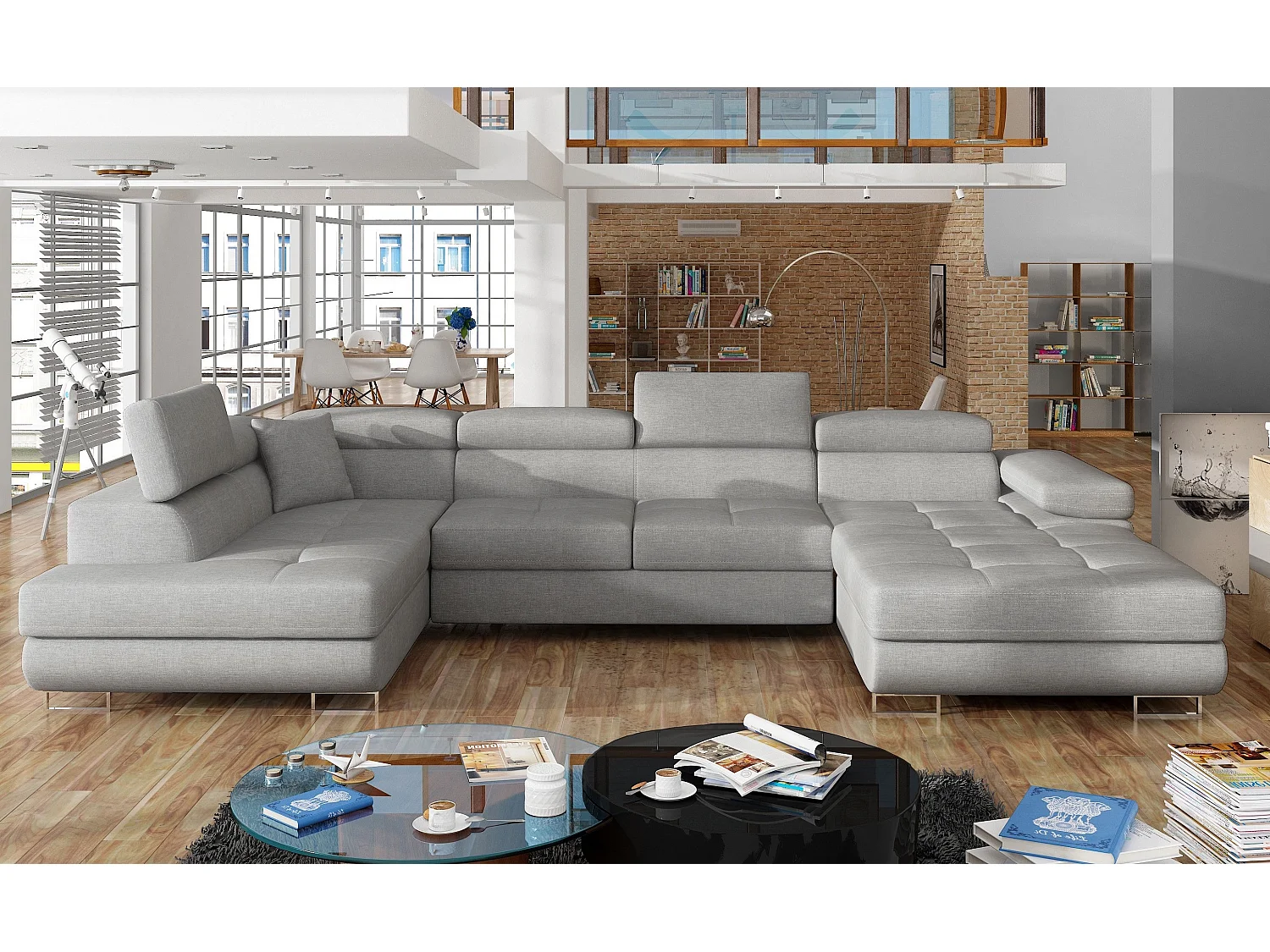 Canapé panoramique tissu gris clair convertible avec coffre de rangement Romano 345cm-Coffre de rangement à gauche