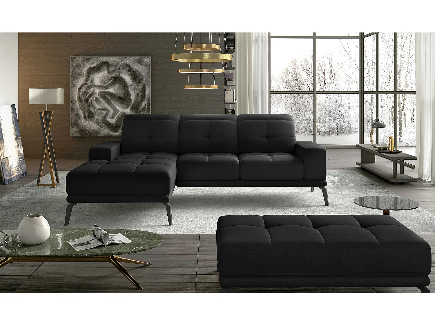 Linkerhoekbank 5 zits zwart fluweel Torpille 265 cm