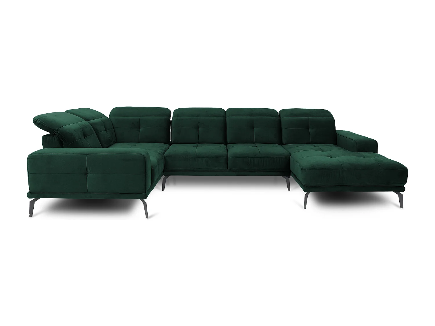 Canapé panoramique design velours vert foncé têtières angle gauche avec accoudoir Stan 350cm