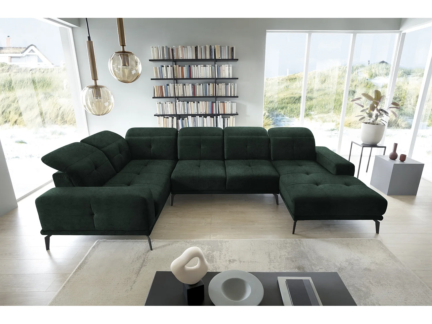 Canapé panoramique design velours vert foncé têtières angle gauche avec accoudoir Stan 350cm