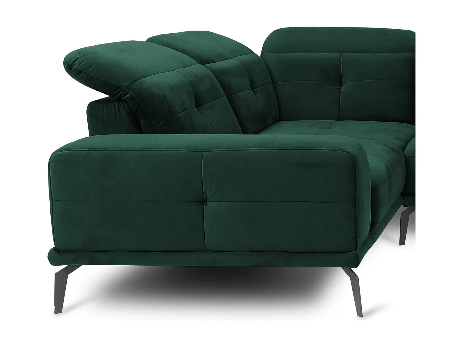Canapé panoramique design velours vert foncé têtières angle gauche avec accoudoir Stan 350cm