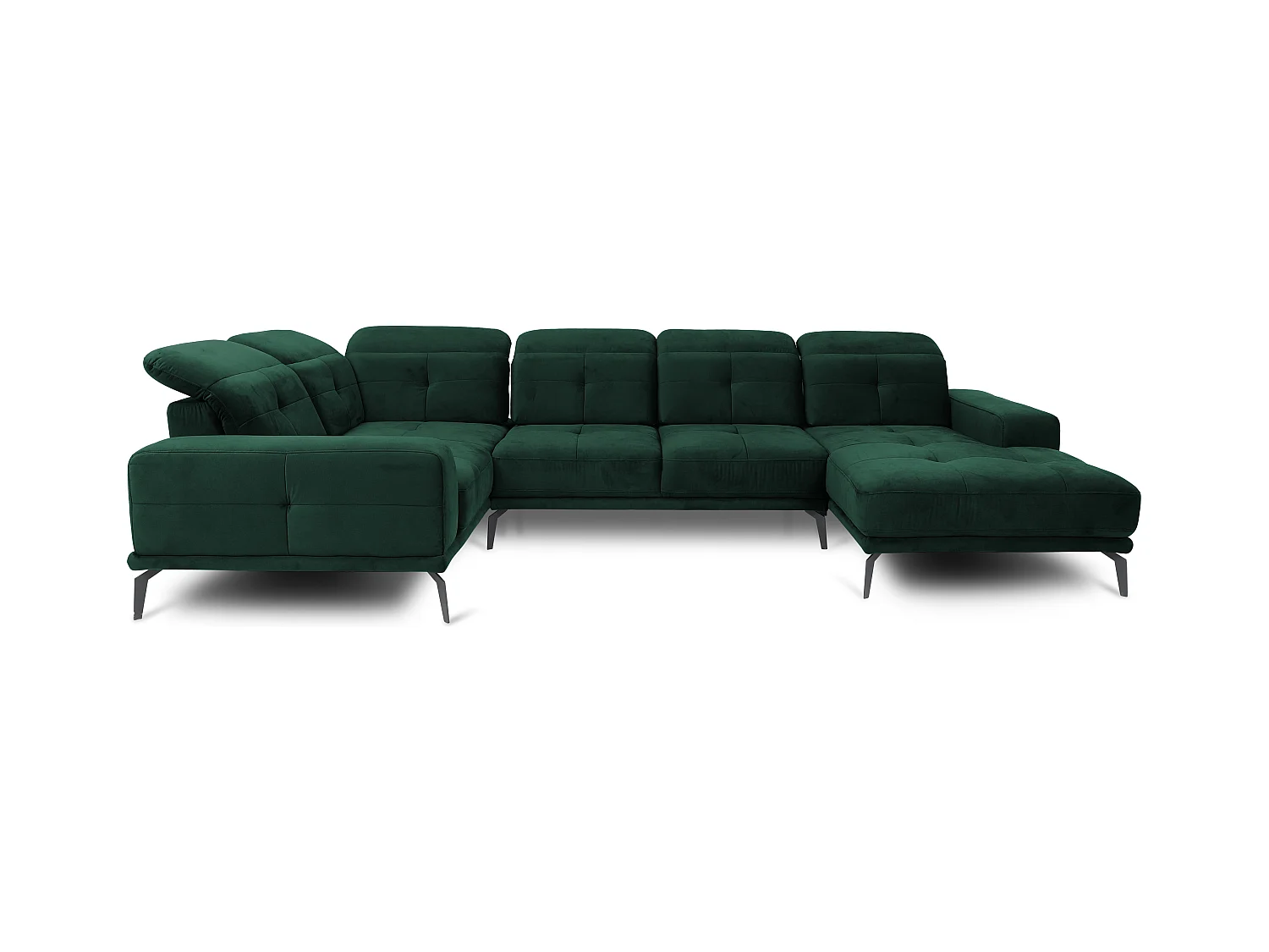 Panoramische bank design donkergroen fluweel linkerhoek hoofdsteunen met armleuning Stan 350 cm