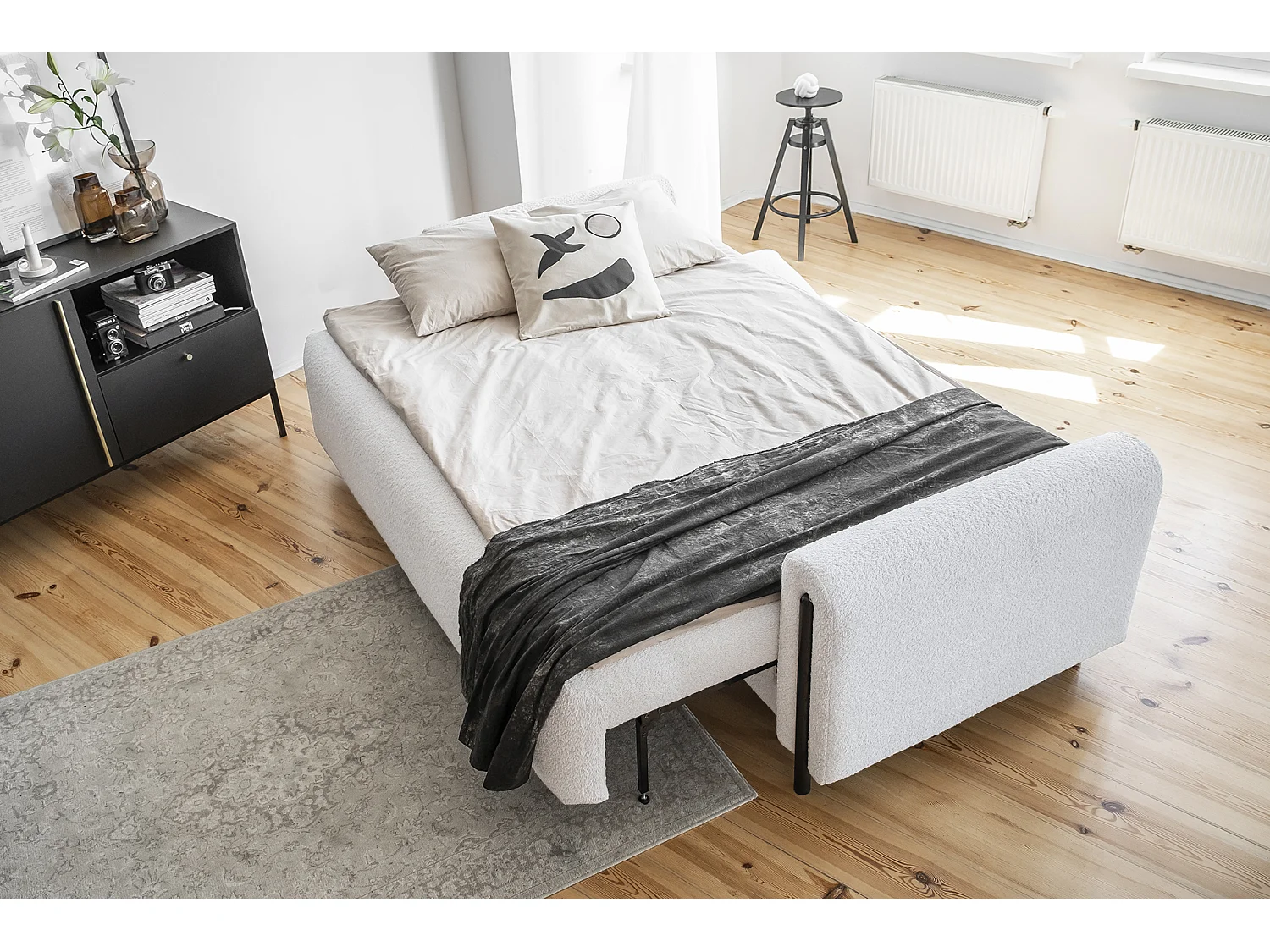 Moderne 4-zitsbank in lusstof en zwarte houten poten Dova 244 cm-Kleur Wit