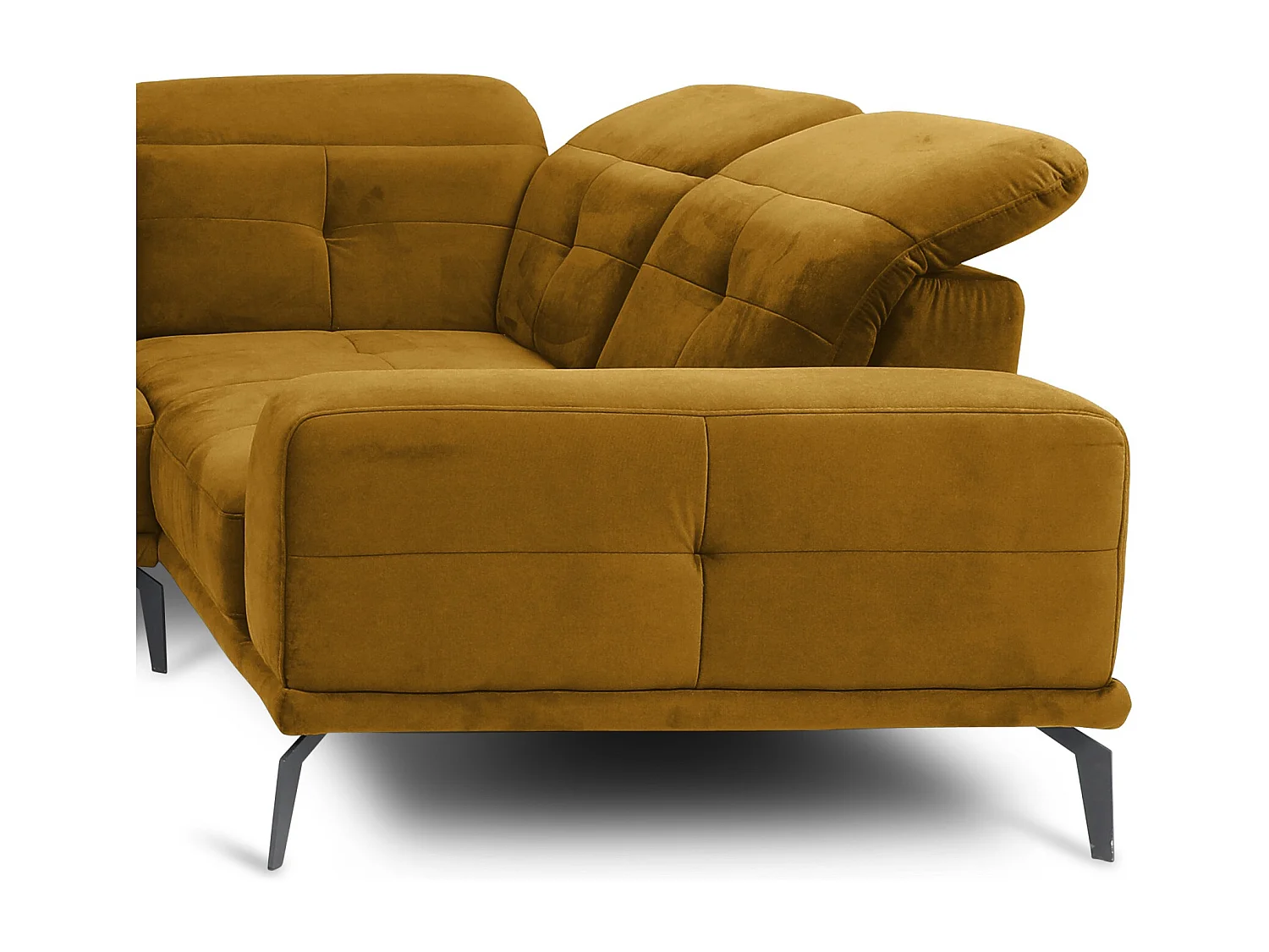 Canapé panoramique design velours jaune têtières angle droit avec accoudoir Stan 350cm