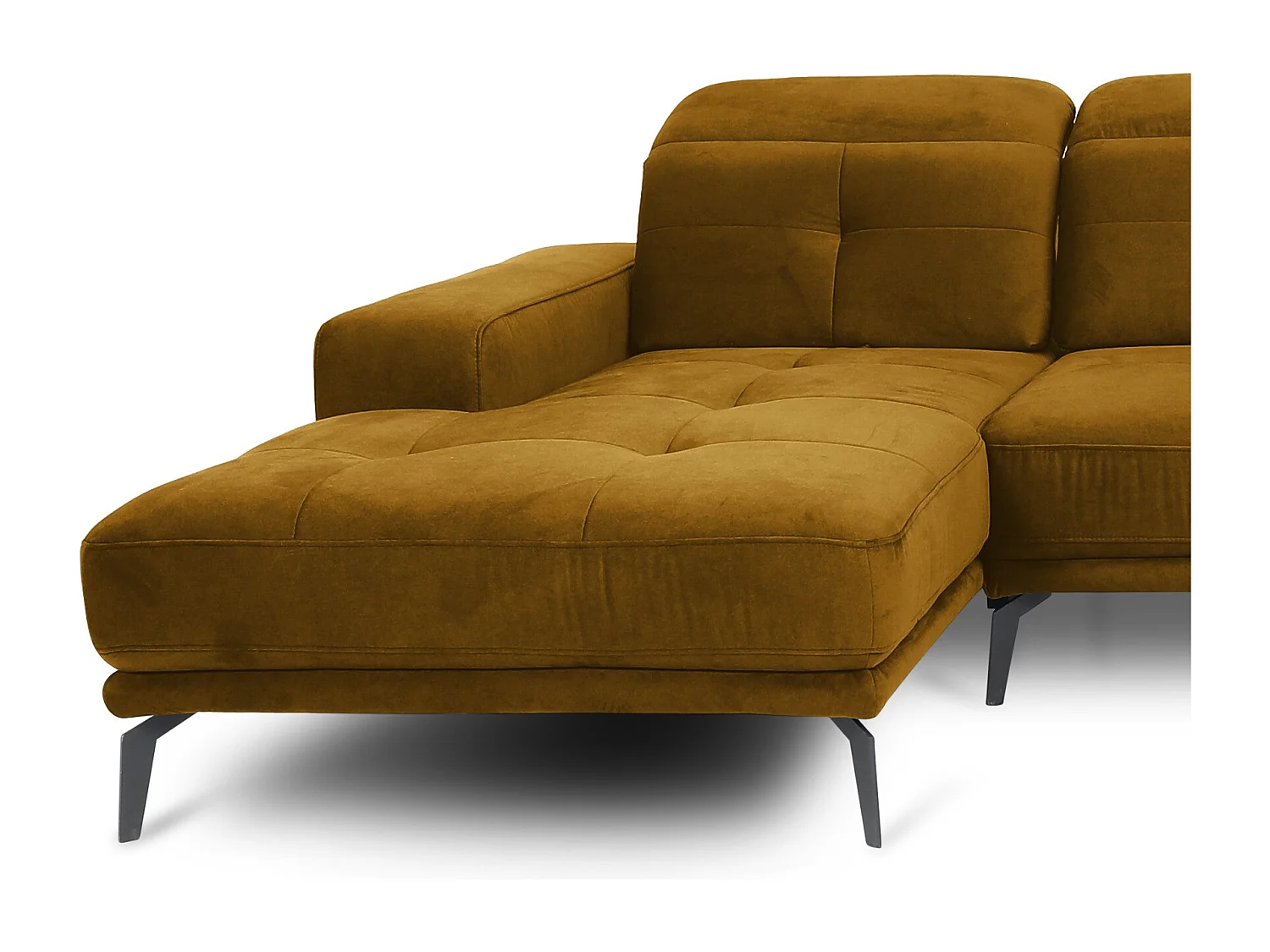 Canapé panoramique design velours jaune têtières angle droit avec accoudoir Stan 350cm