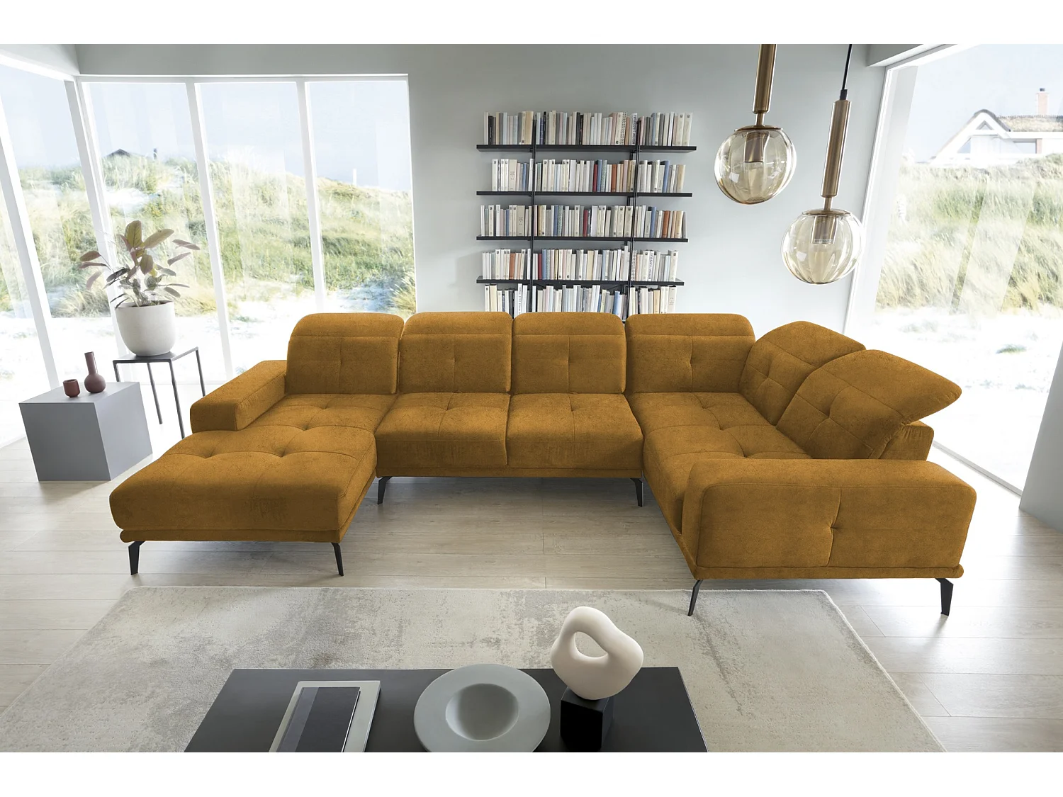 Canapé panoramique design velours jaune têtières angle droit avec accoudoir Stan 350cm