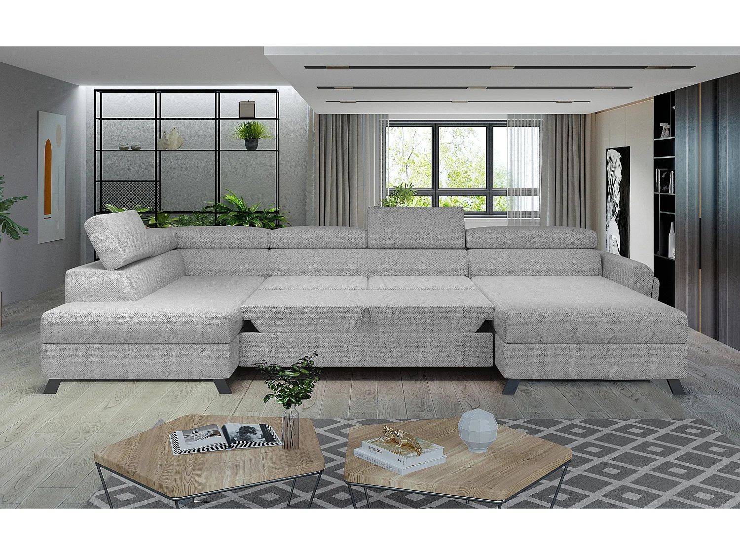 Grand canapé panoramique convertible velours anthracite avec coffre Konba 370cm-Coffre de rangement à droite