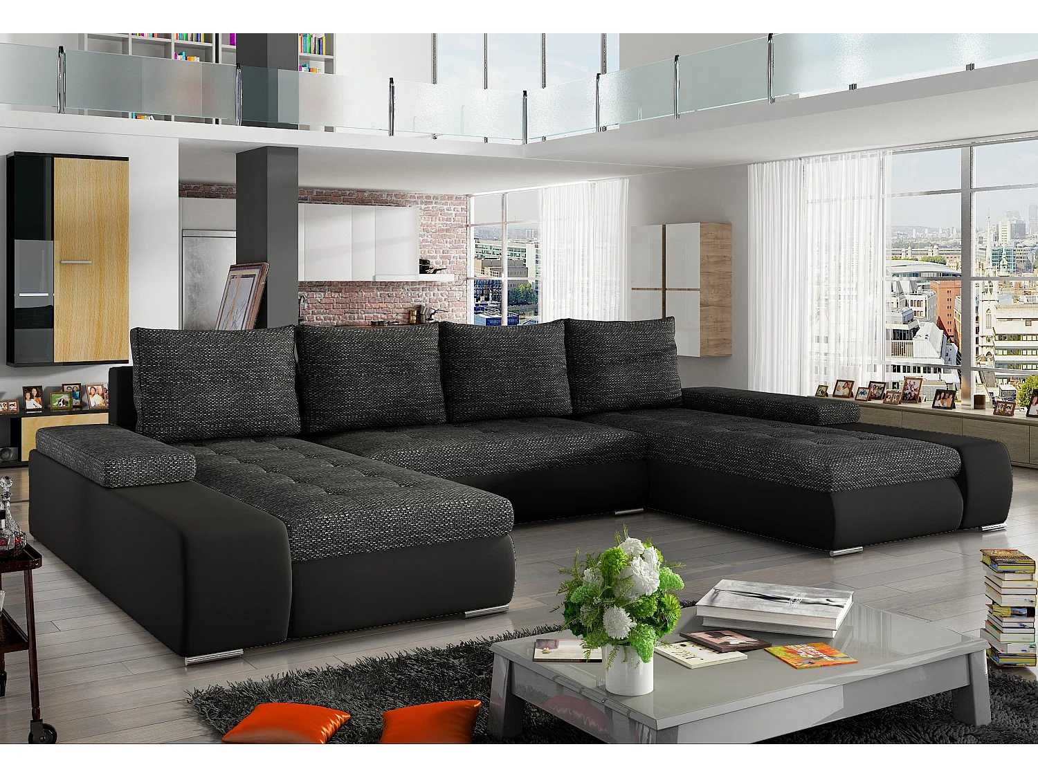 Grand canapé convertible panoramique design tissu noir chiné et simili cuir noir avec coffre de rangement Tino 363cm