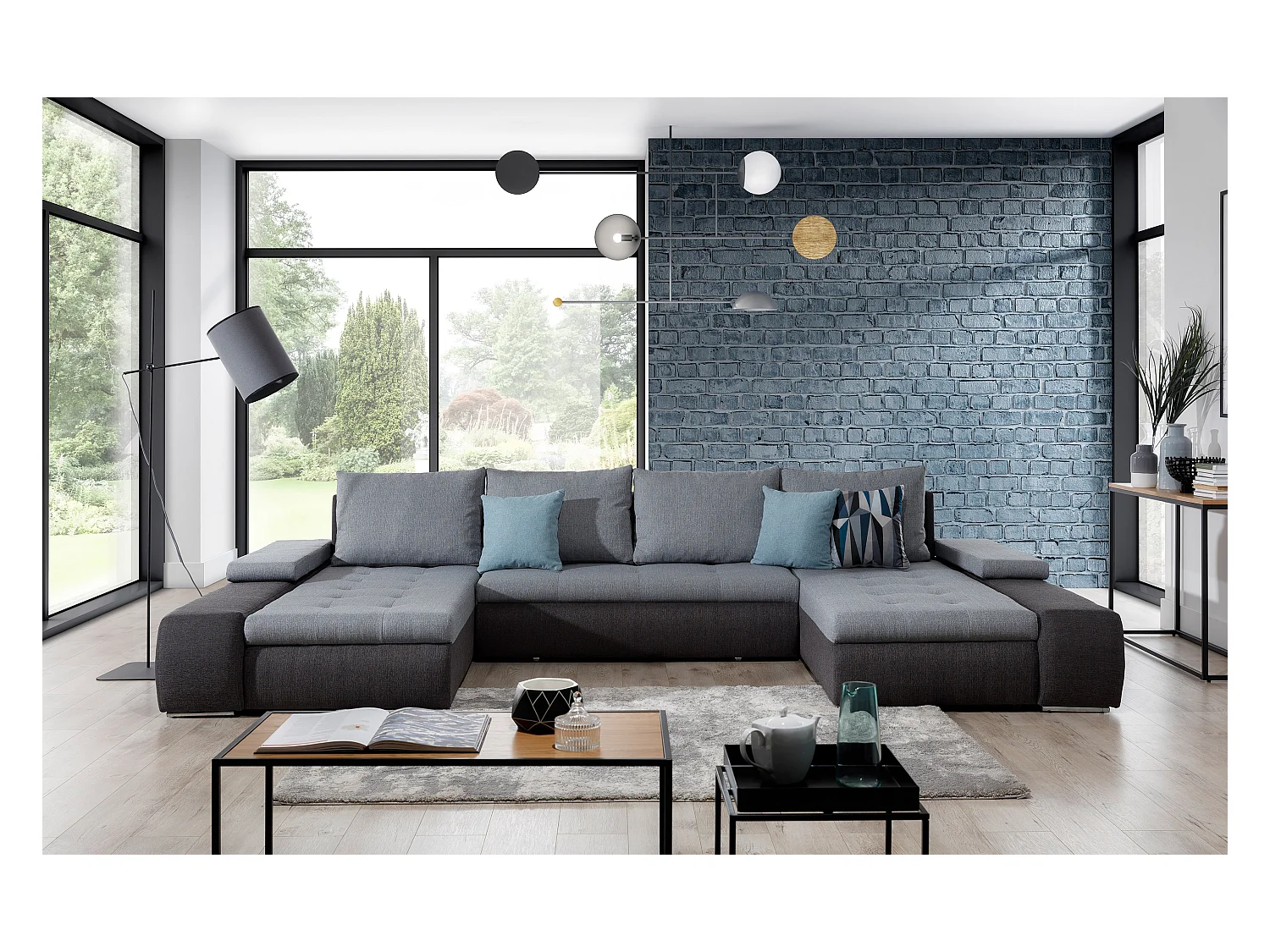 Grand canapé convertible panoramique design tissu noir chiné et simili cuir noir avec coffre de rangement Tino 363cm