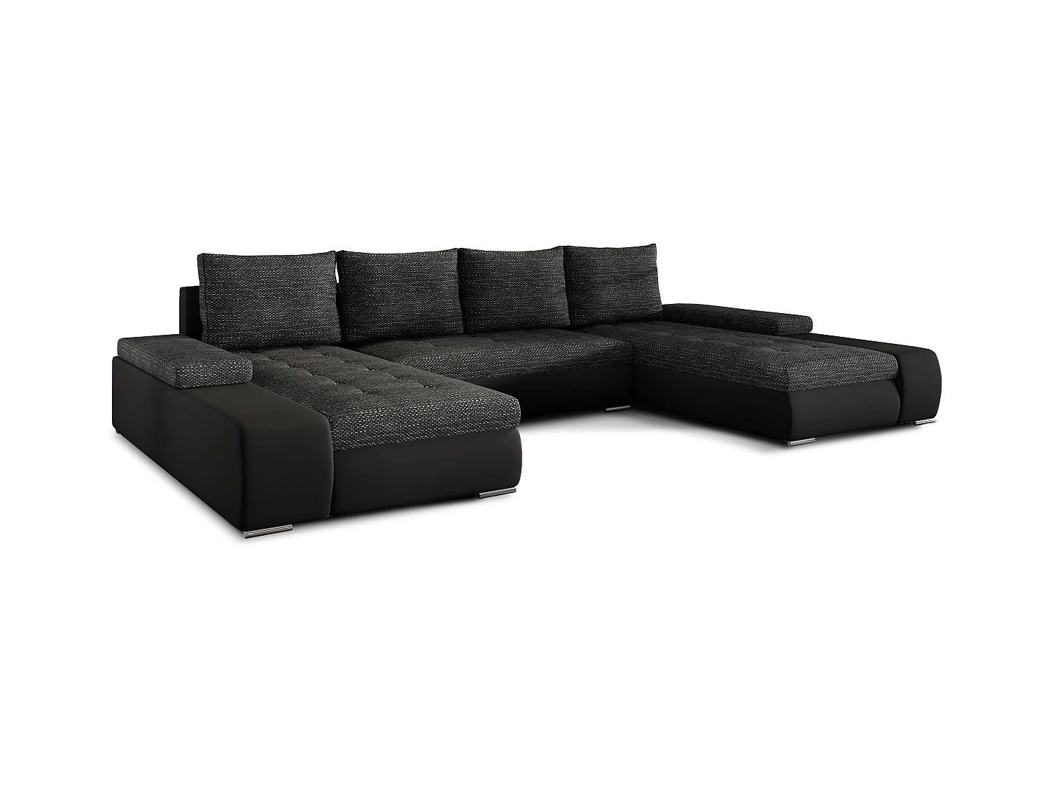 Grand canapé convertible panoramique design tissu noir chiné et simili cuir noir avec coffre de rangement Tino 363cm