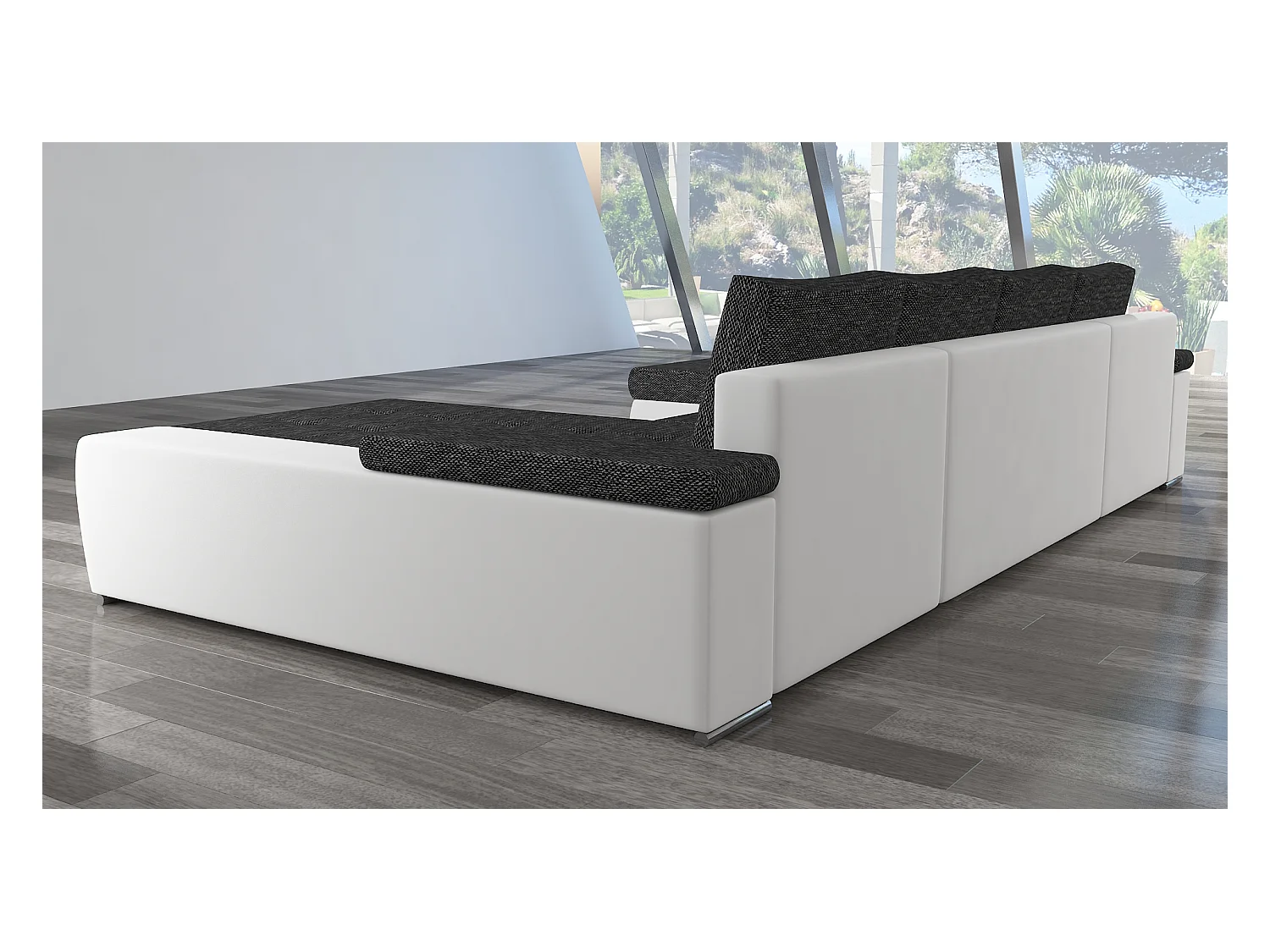 Grote design panoramische slaapbank in gemêleerde zwarte stof en zwart kunstleer met Tino opbergdoos 363 cm