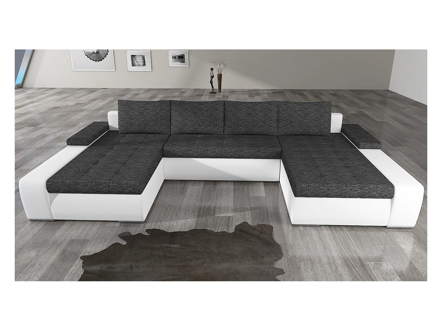 Grote design panoramische slaapbank in gemêleerde zwarte stof en zwart kunstleer met Tino opbergdoos 363 cm