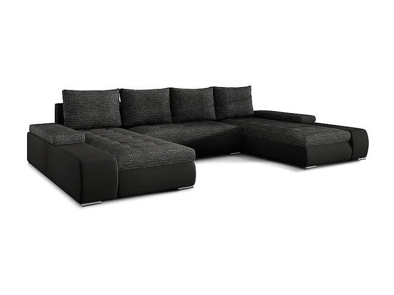 Grand canapé convertible panoramique design tissu noir chiné et simili cuir noir avec coffre de rangement Tino 363cm