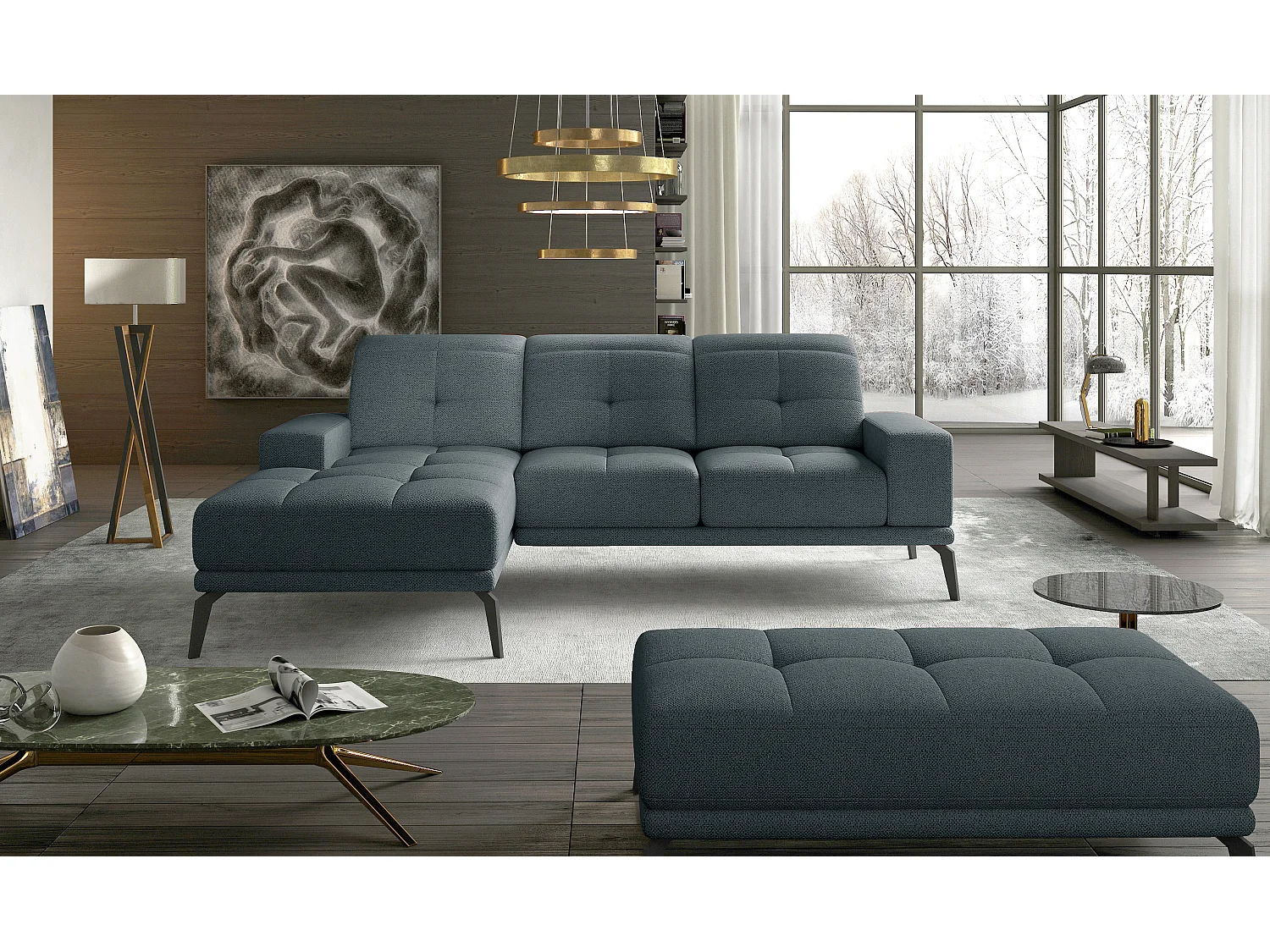 Canapé d'angle gauche 5 places tissu bleu Torpille 265cm